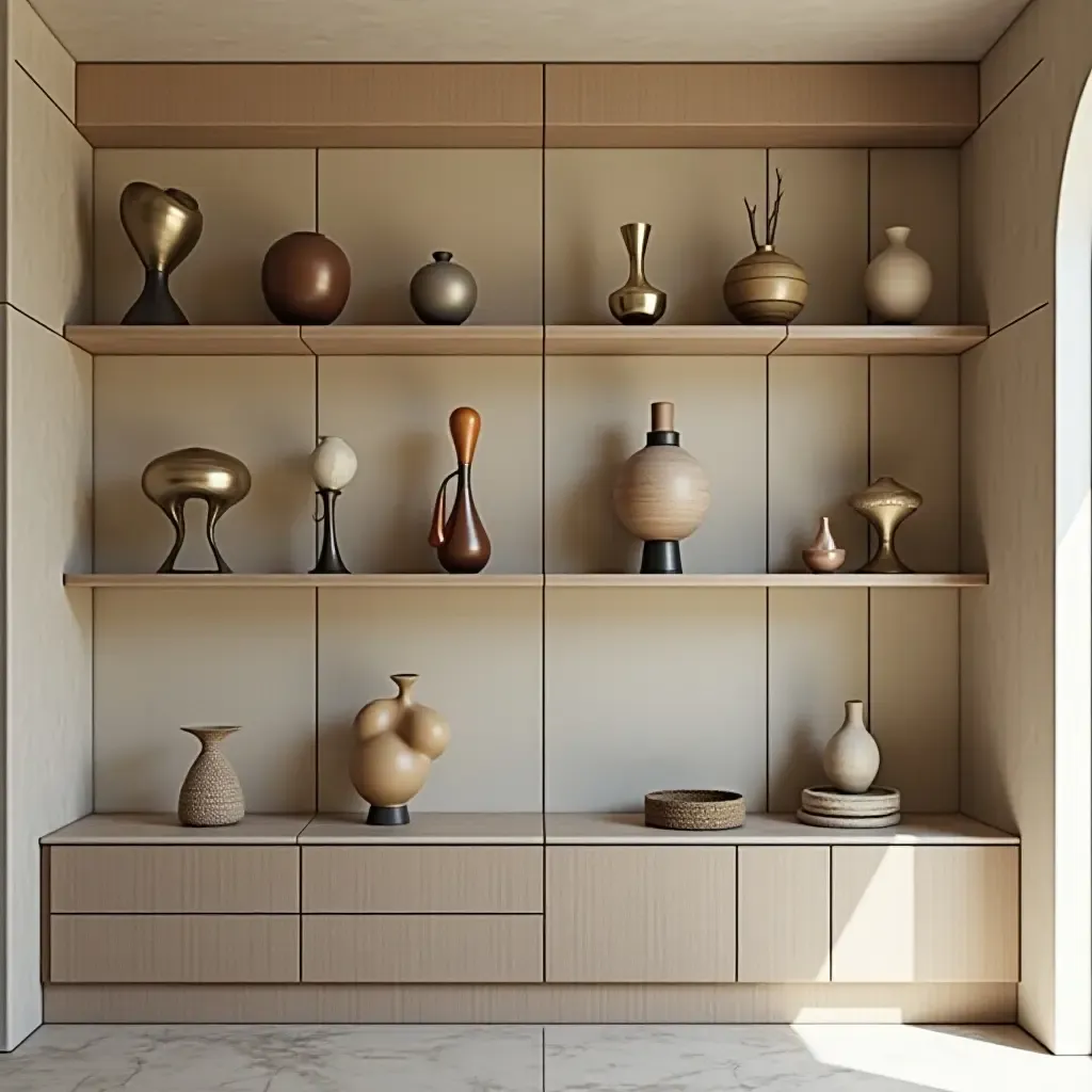 a photo of open shelving displaying a collection of unique sculptures and vases