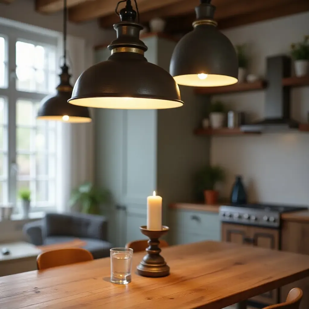 a photo of industrial-style pendant lights hanging over a kitchen table