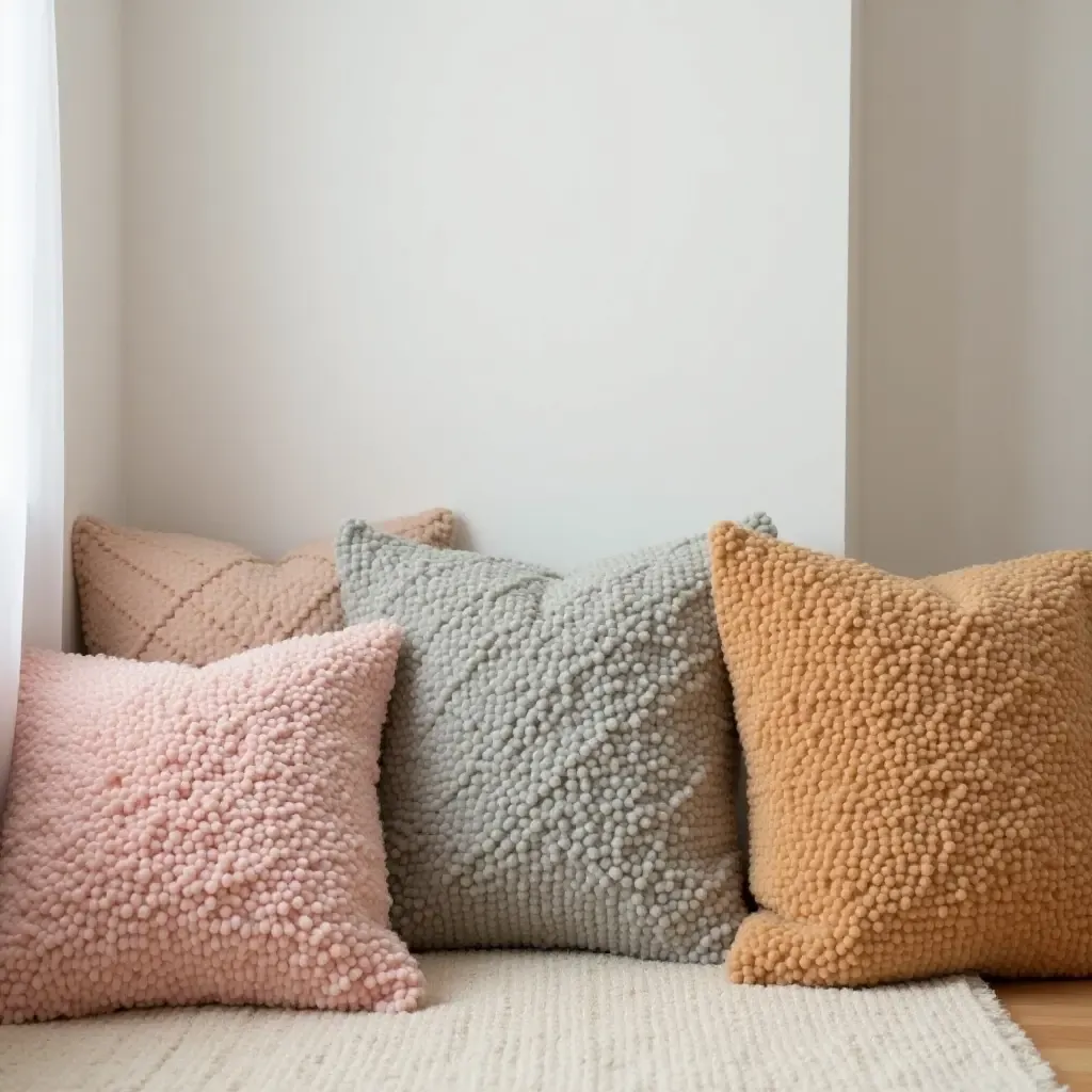 a photo of throw pillows with fun textures in a play area