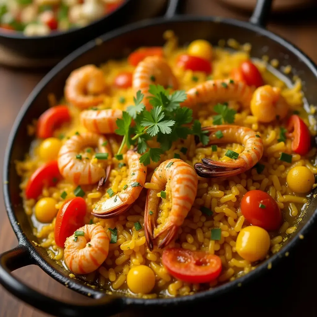 a photo of saffron-infused paella with seafood and vibrant vegetables.