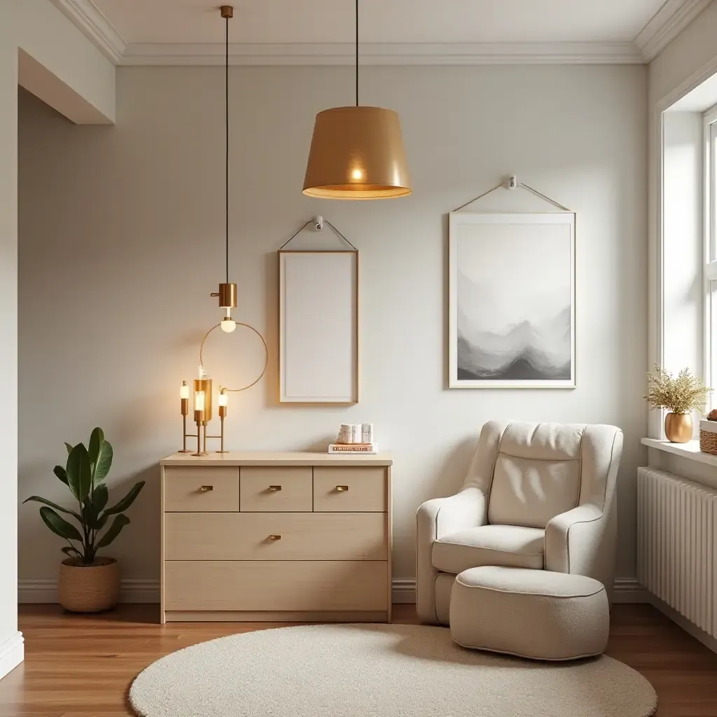 a photo of a playful kids&#x27; room with bronze metallic light fixtures