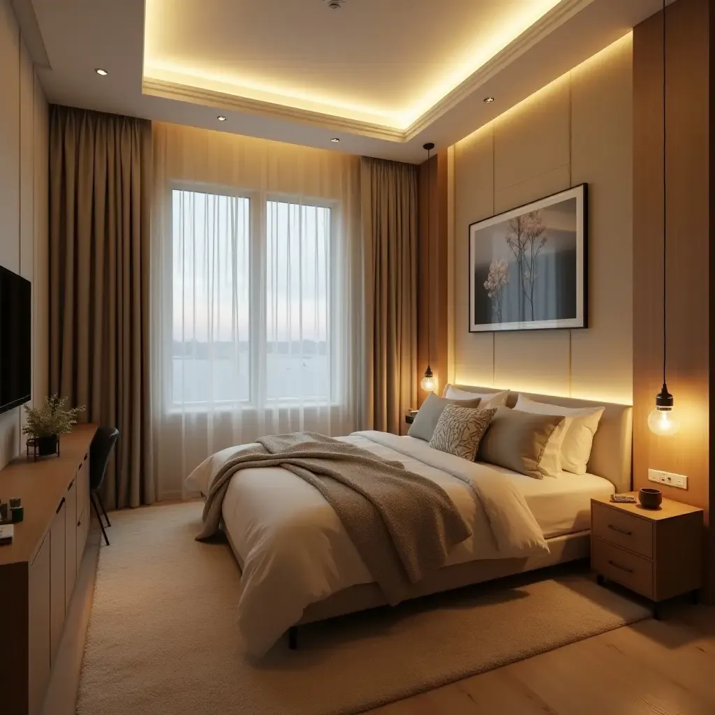 a photo of a small bedroom with layered lighting options