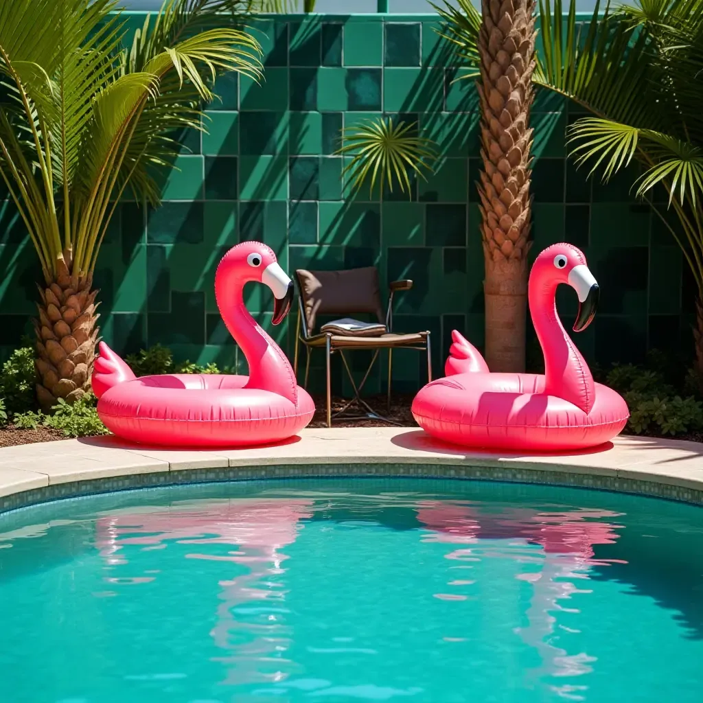 a photo of a tropical pool area with pink flamingo floaties and teal tiles