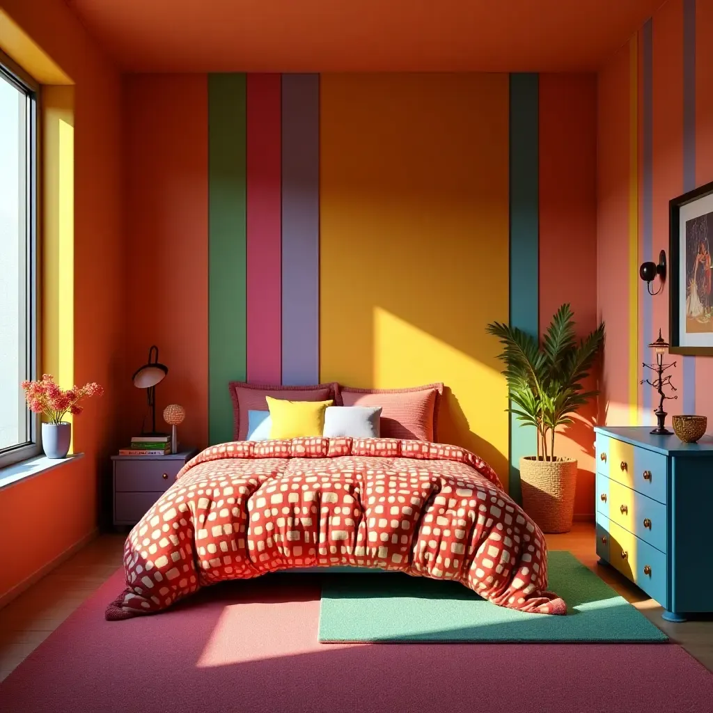 a photo of a vibrant carnival-themed bedroom with bright colors