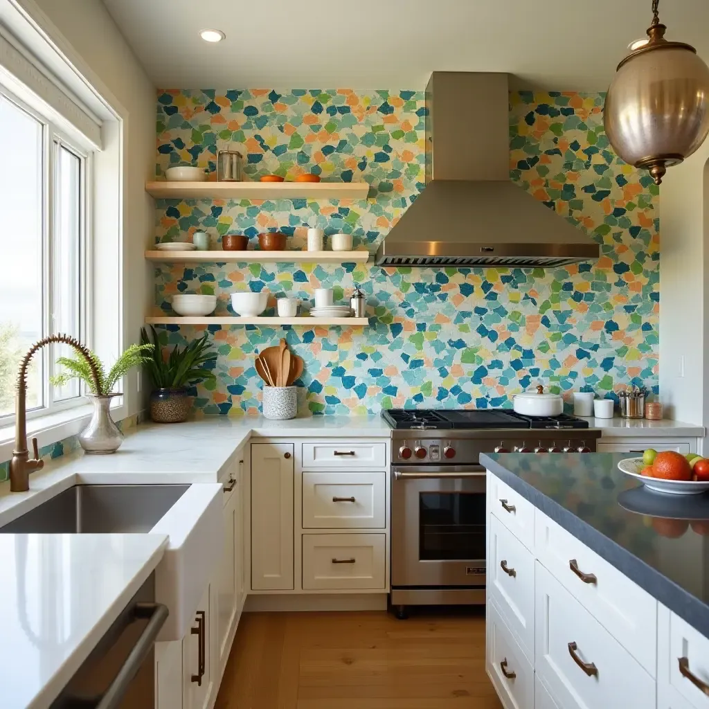 a photo of a vibrant mosaic tile backsplash featuring tropical colors in a beach house kitchen