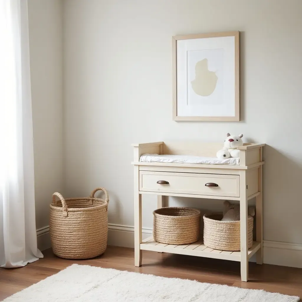 a photo of a stylish nursery featuring a farmhouse-style changing table and baskets