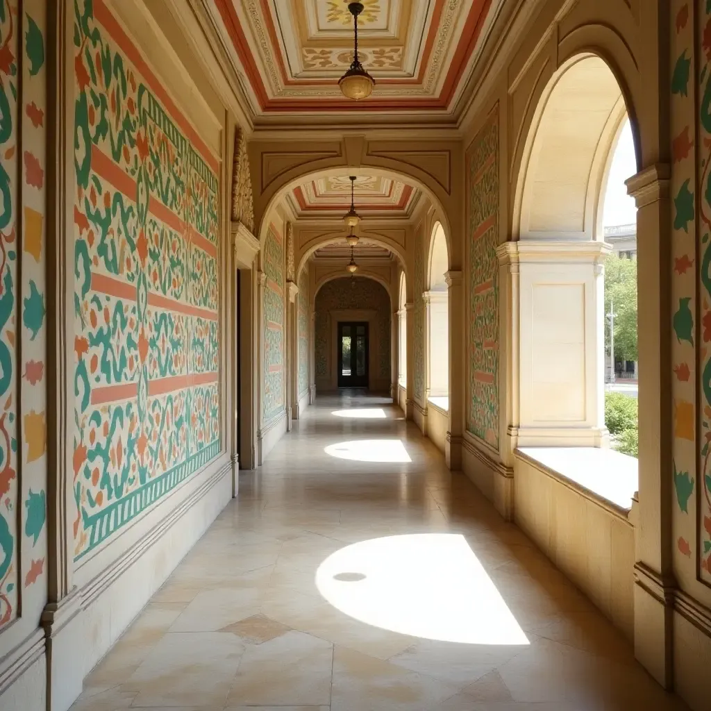 a photo of a corridor featuring a beautiful tiled mural and natural light