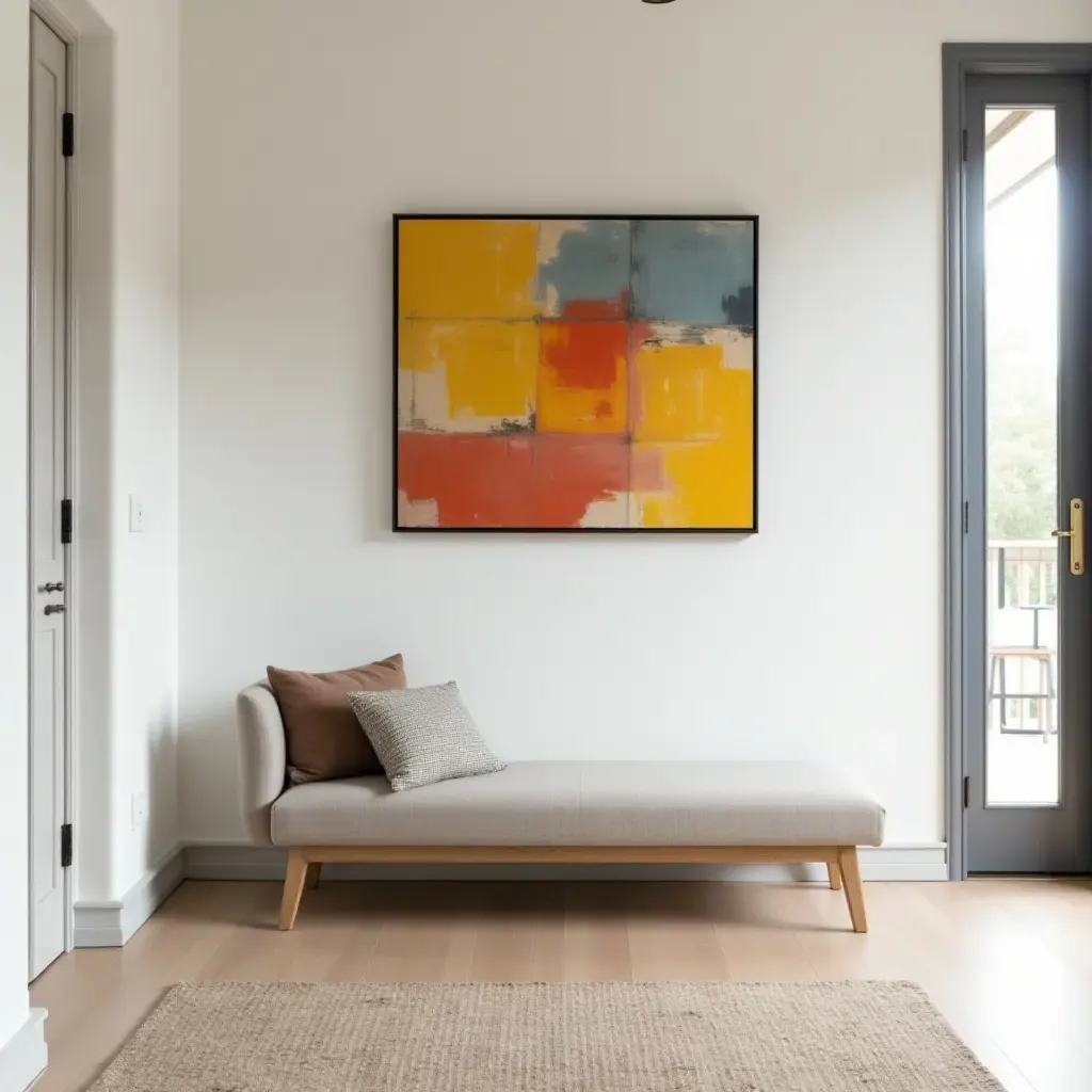 a photo of a modern entryway with a sleek, minimalist bench and vibrant wall art