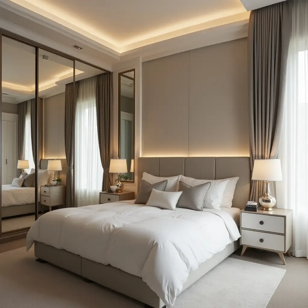 a photo of a chic bedroom with mirrored accents and soft lighting