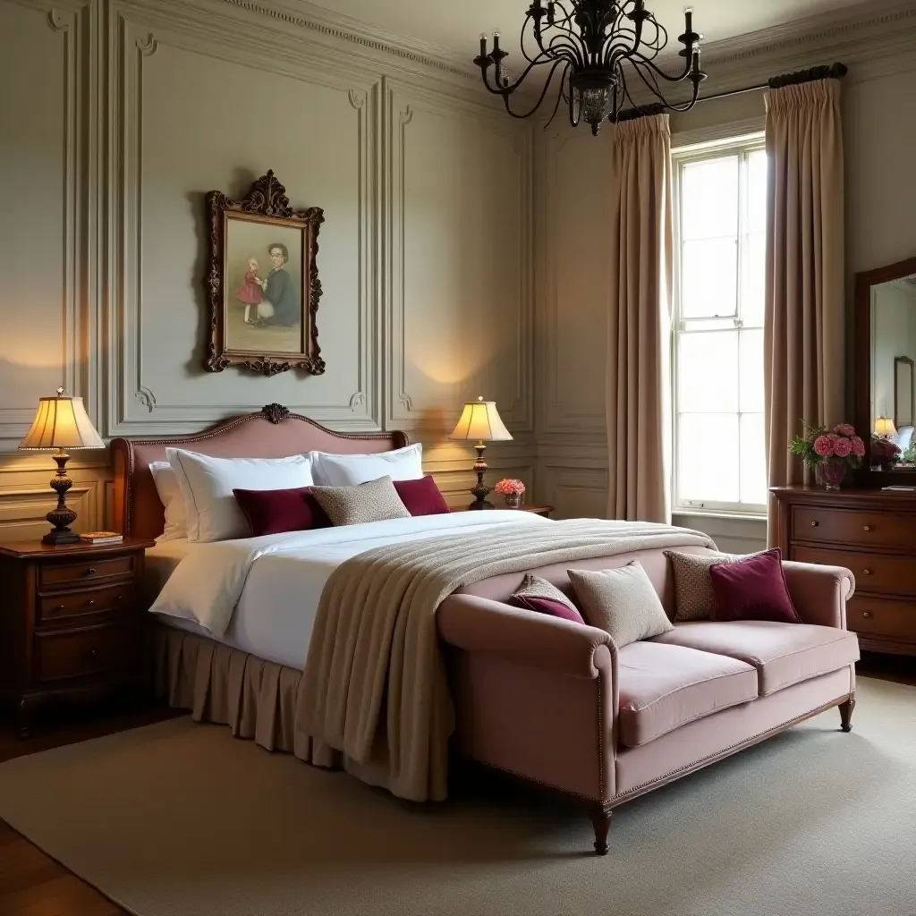 a photo of a vintage-inspired bedroom with velvet upholstery, wooden antiques, and linen drapes