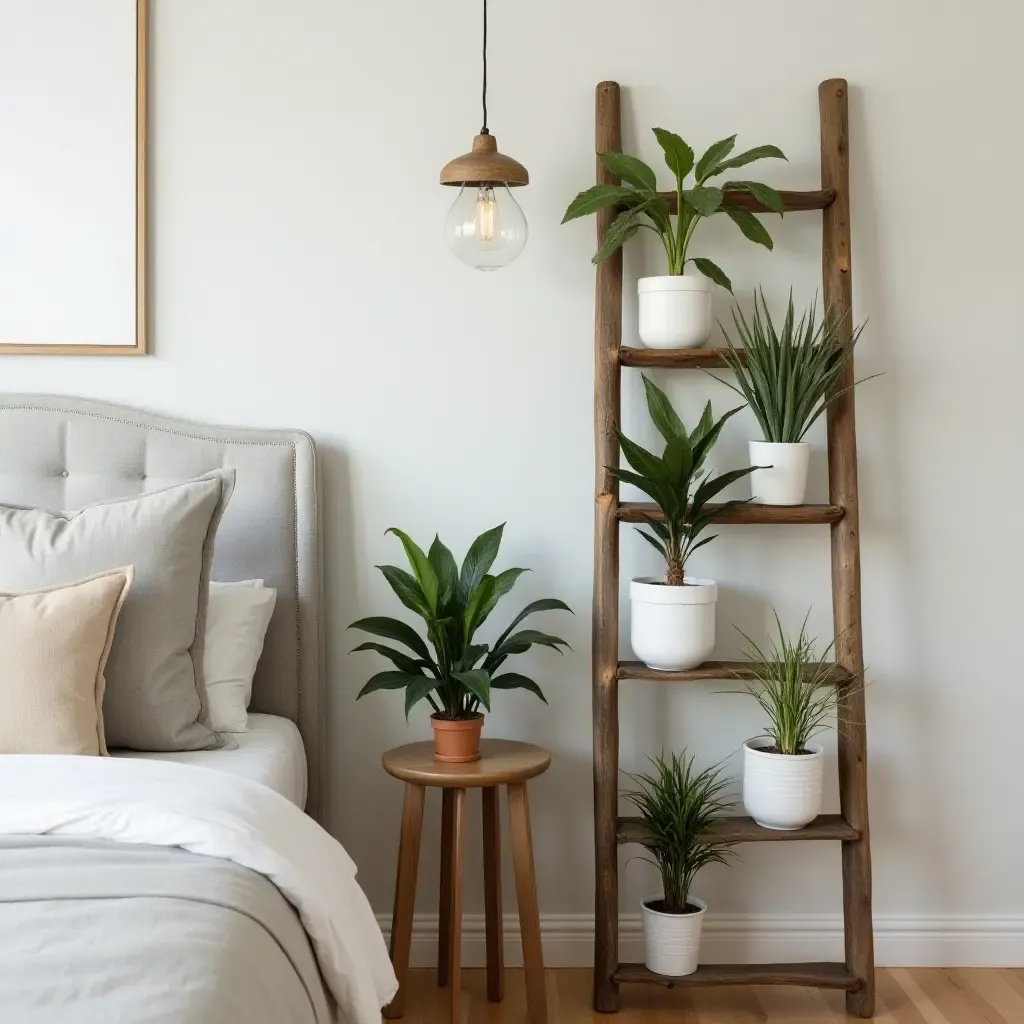 a photo of a rustic wooden ladder used as a plant display in a bedroom