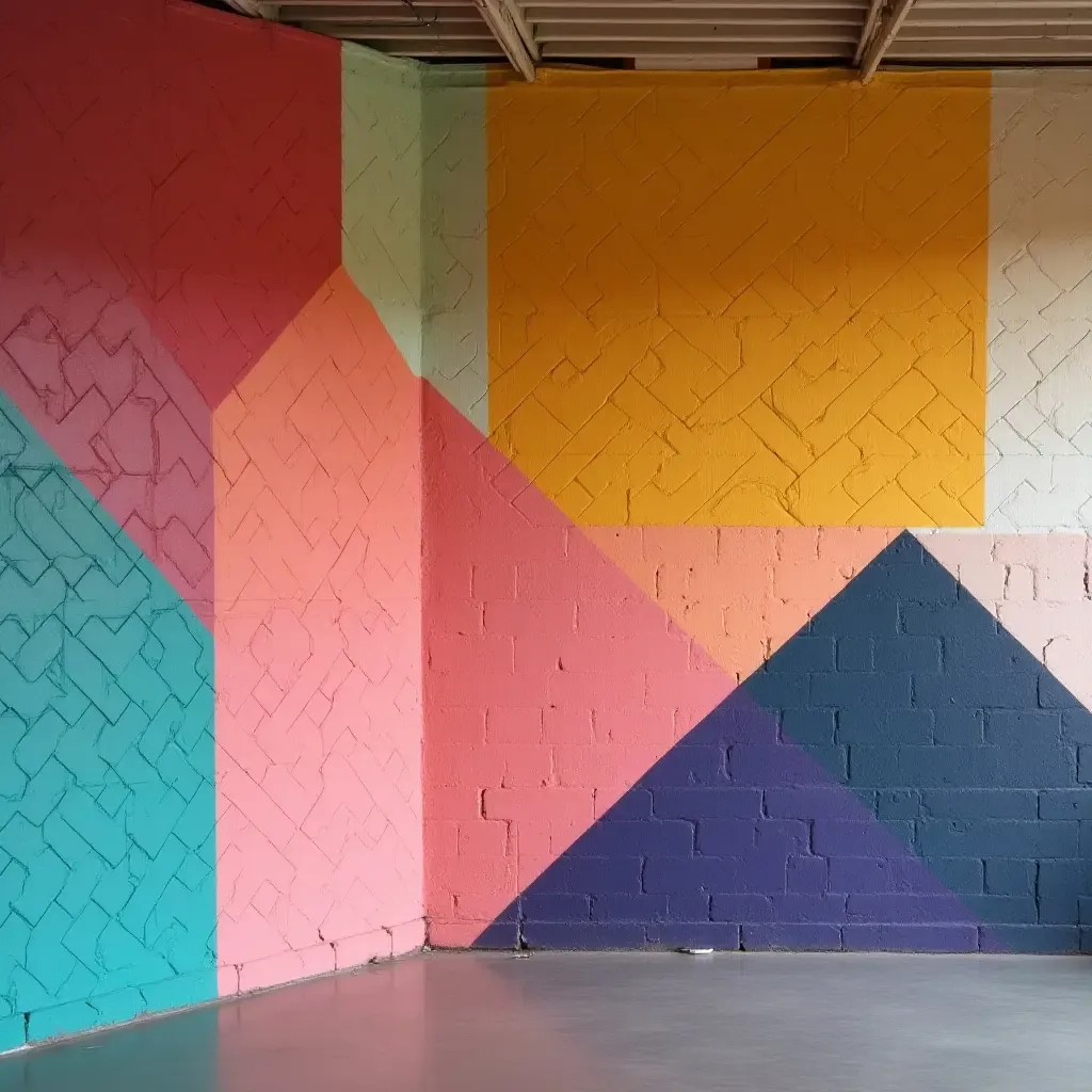 a photo of geometric patterns painted in bright colors on a basement wall