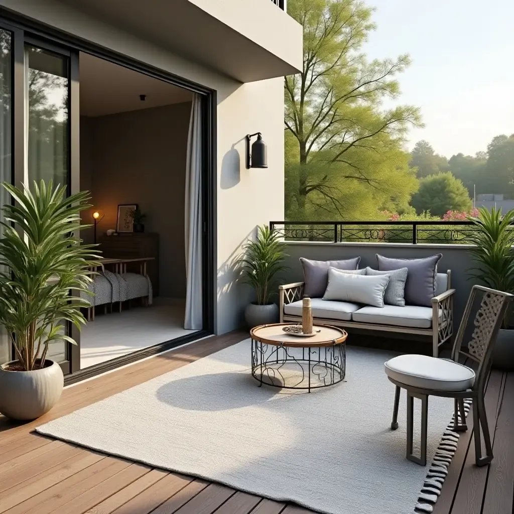 a photo of a balcony with a stylish outdoor rug and table