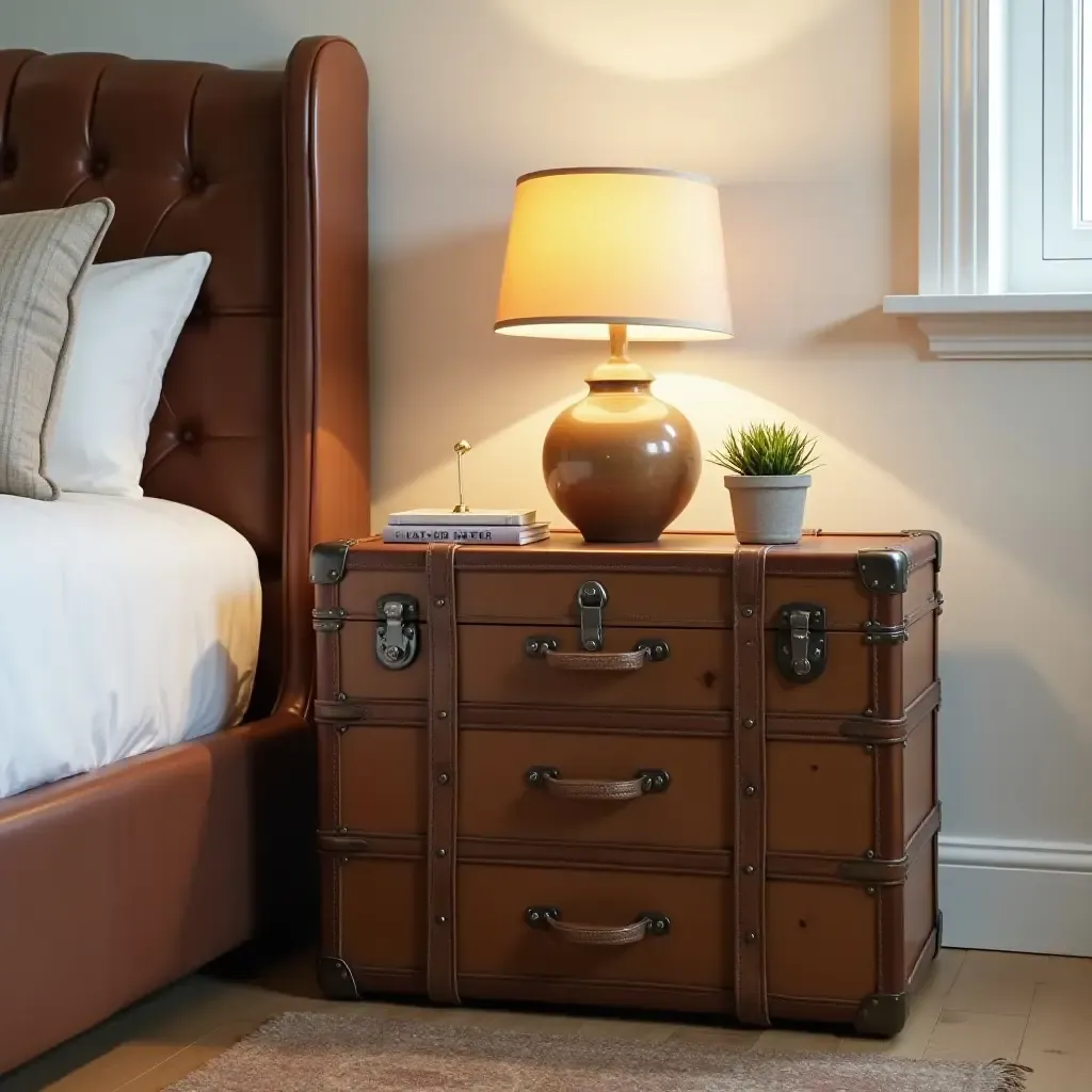 a photo of a vintage suitcase used as a unique bedside table