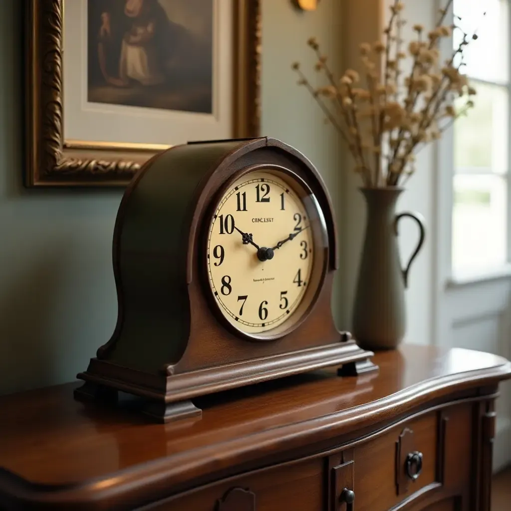 a photo of a vintage clock on a console table