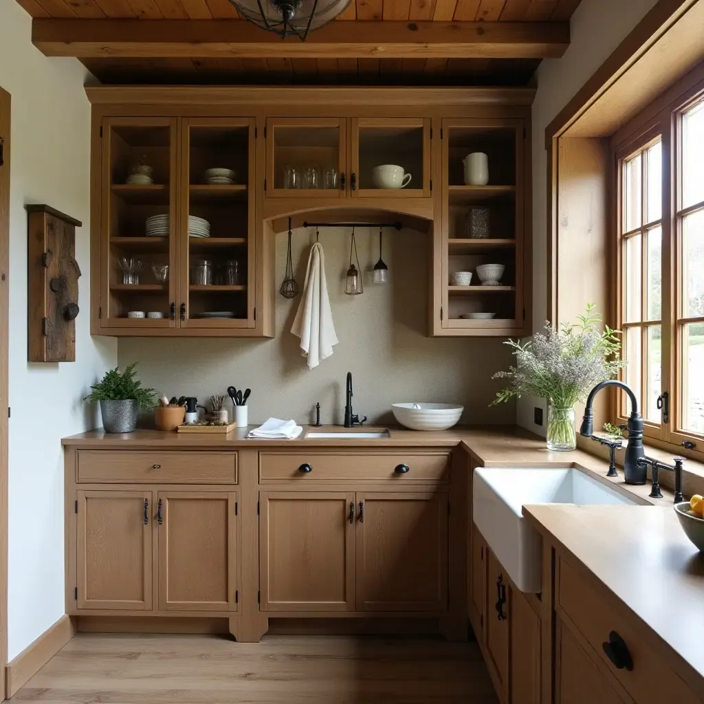 a photo of a rustic butler&#x27;s pantry featuring reclaimed wood and vintage accents