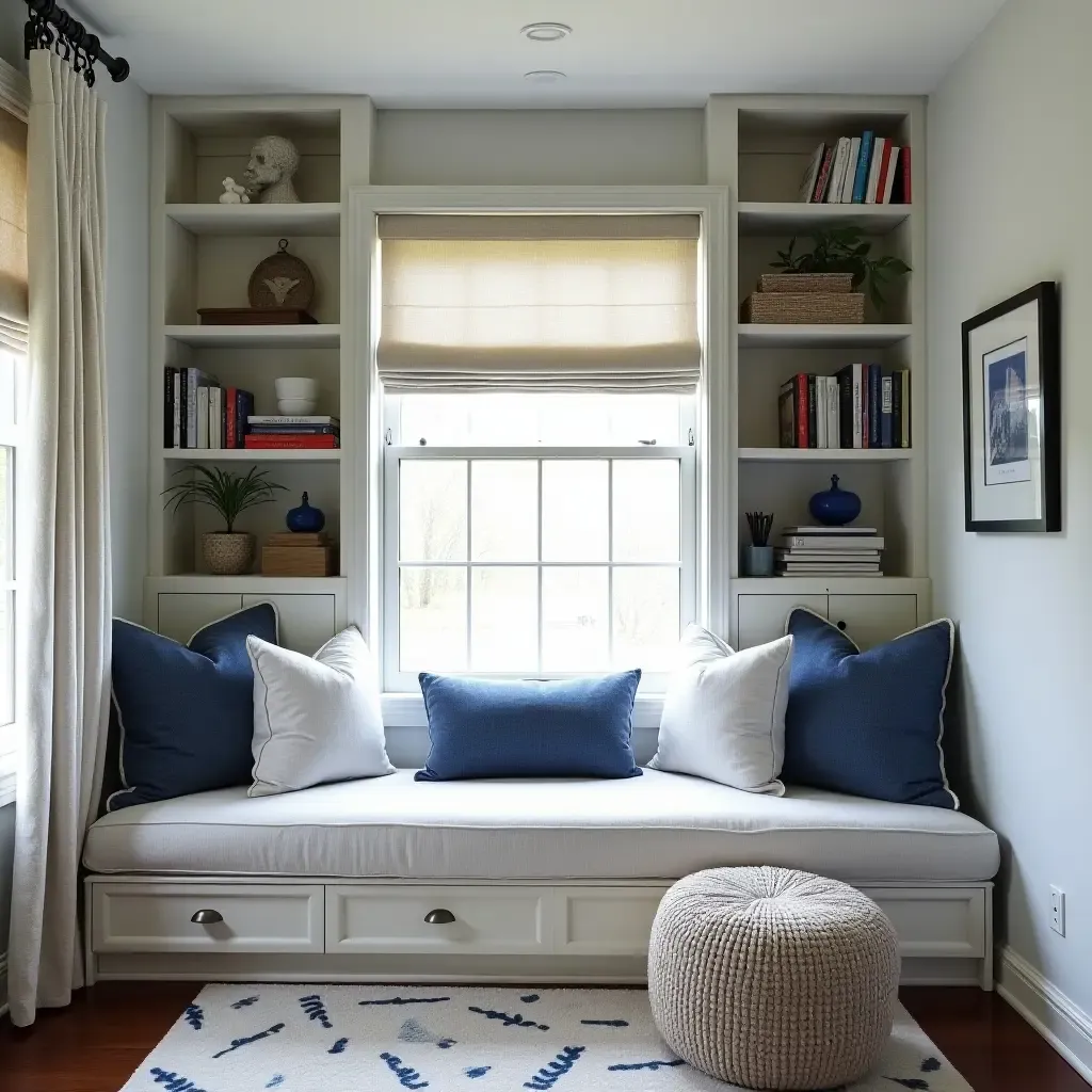 a photo of a nautical-themed reading nook with blue and white decor