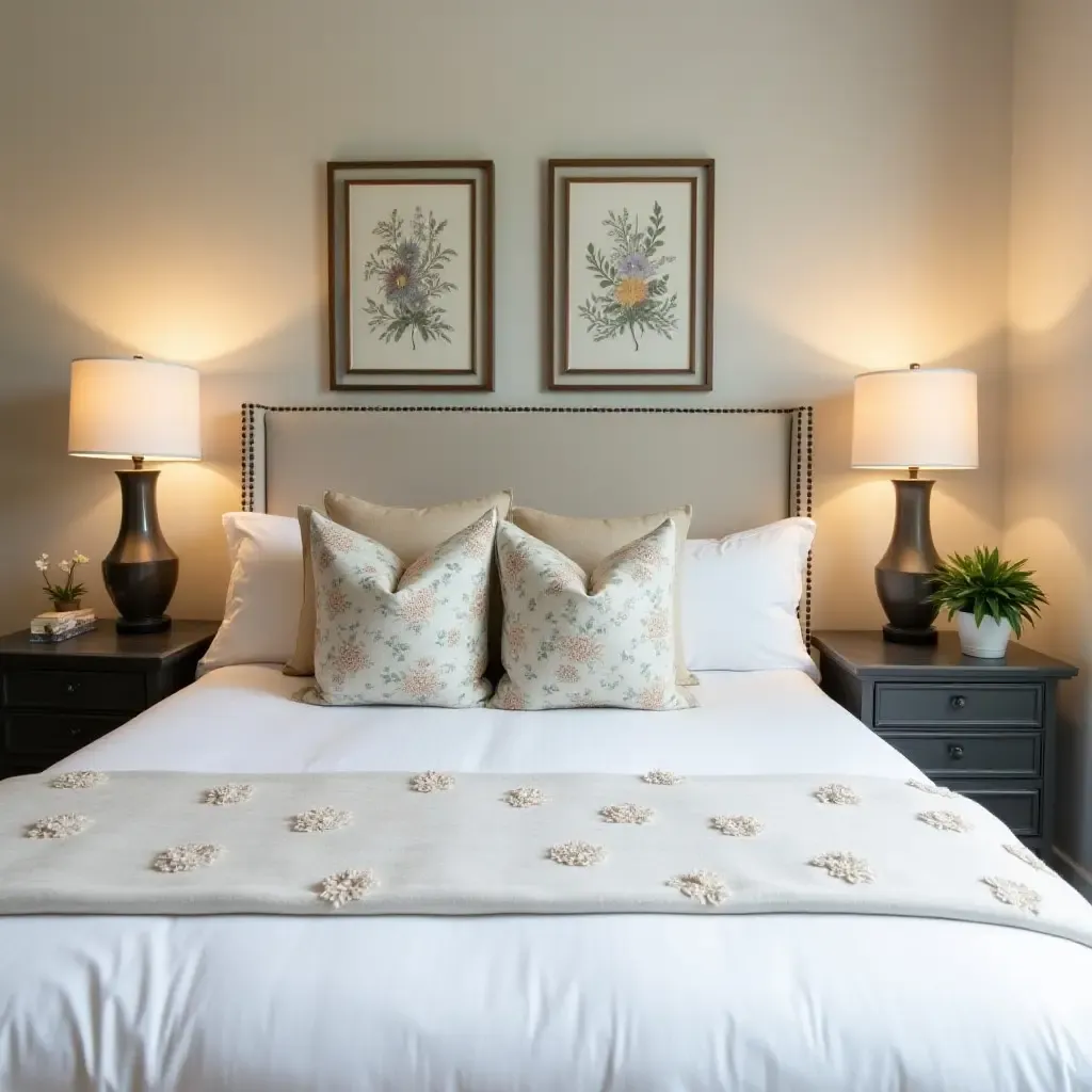 a photo of a sophisticated bedroom with embroidered throw pillows