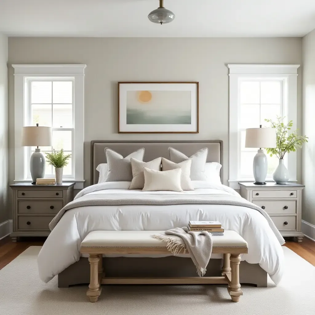 a photo of a stylish bedroom with a farmhouse bench and decorative accents