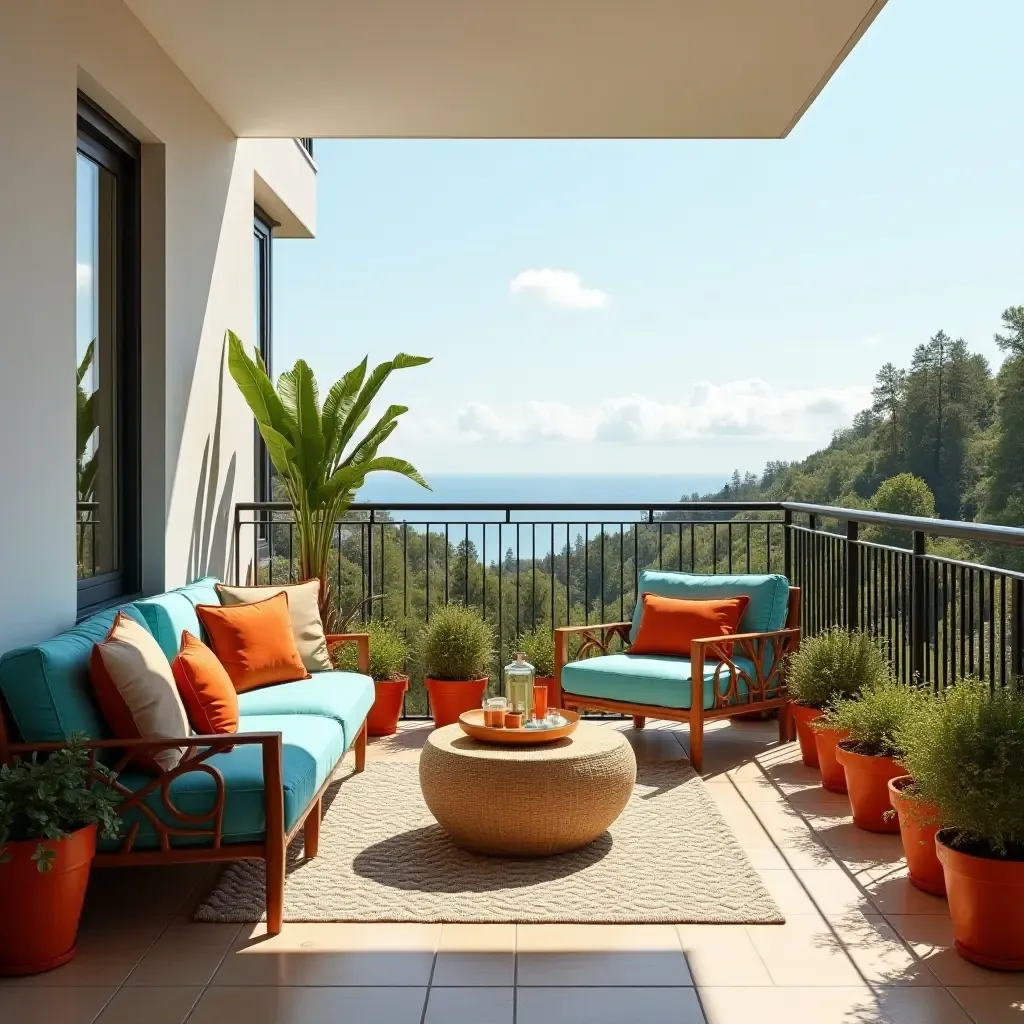 a photo of a balcony with cheerful orange and turquoise decor elements