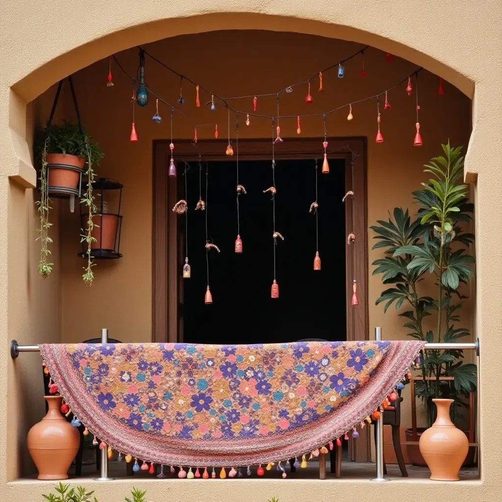 a photo of a balcony decorated with colorful textiles and handmade pottery