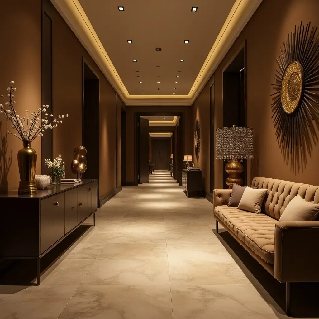 a photo of a luxurious corridor showcasing metallic accents in furniture and decor