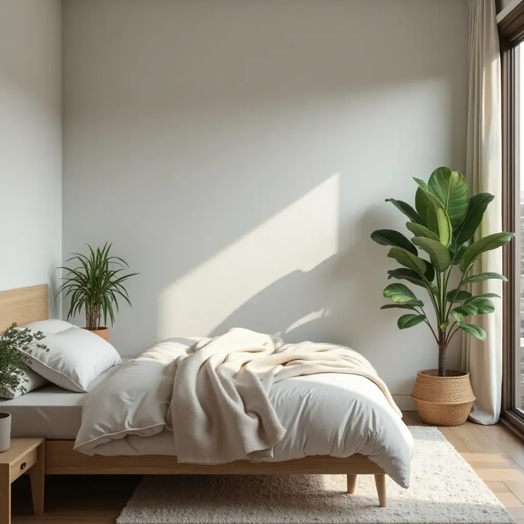 a photo of a cozy bedroom with a plant corner for relaxation