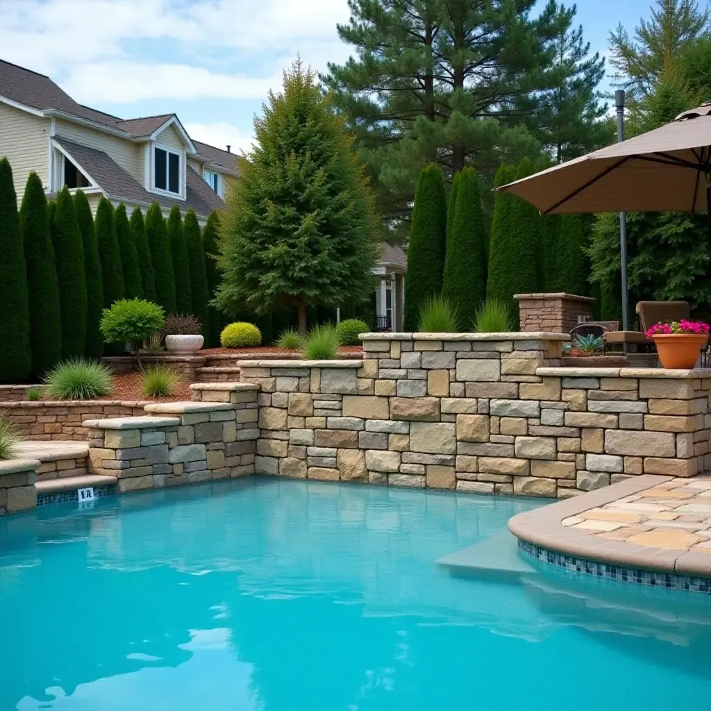 a photo of a decorative stone wall surrounding the pool area