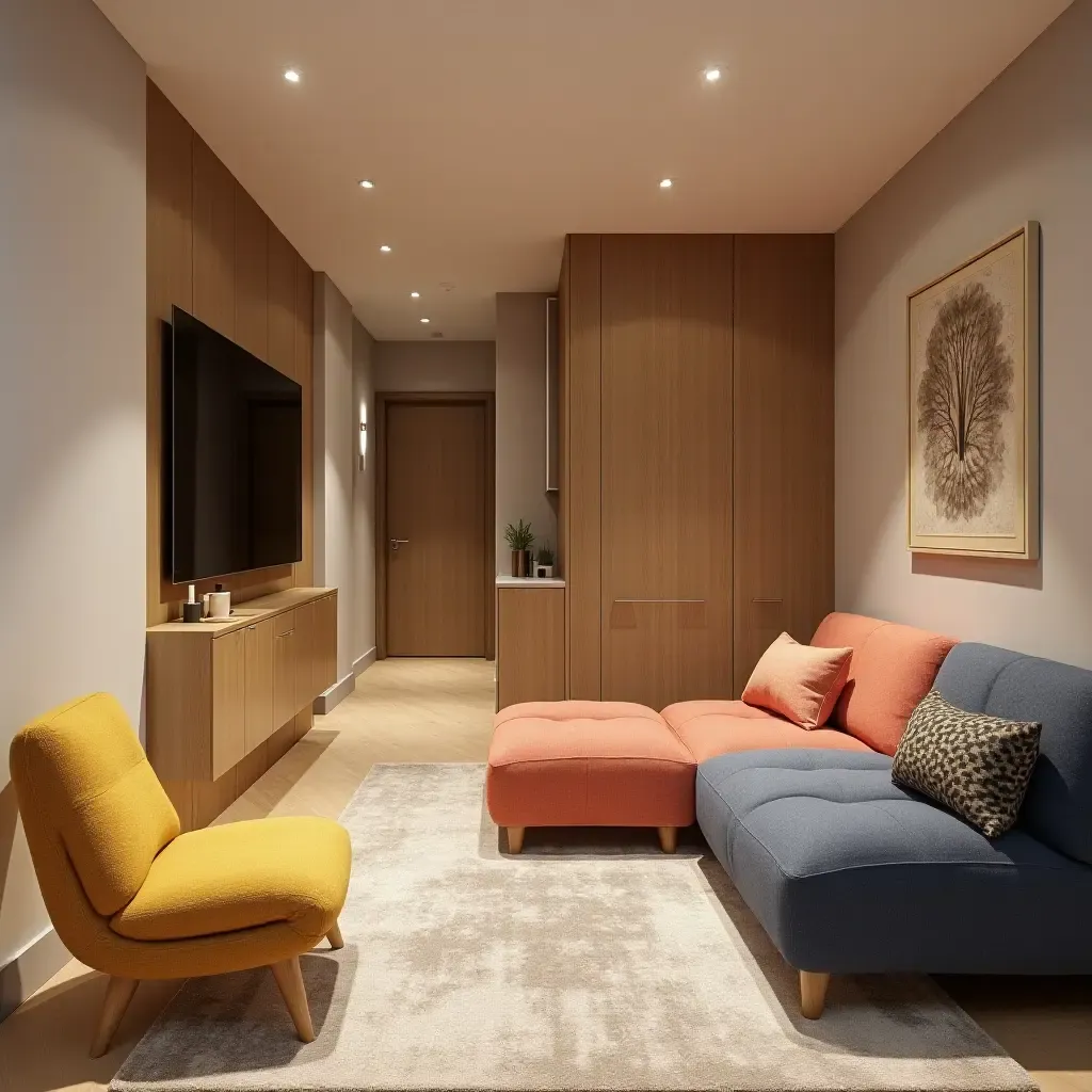 a photo of a family-friendly basement with colorful fabric, natural wood, and brushed metal finishes