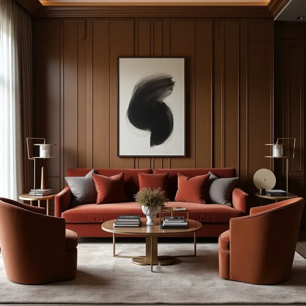 a photo of a luxurious living room featuring velvet sofa, wood side tables, and leather chairs