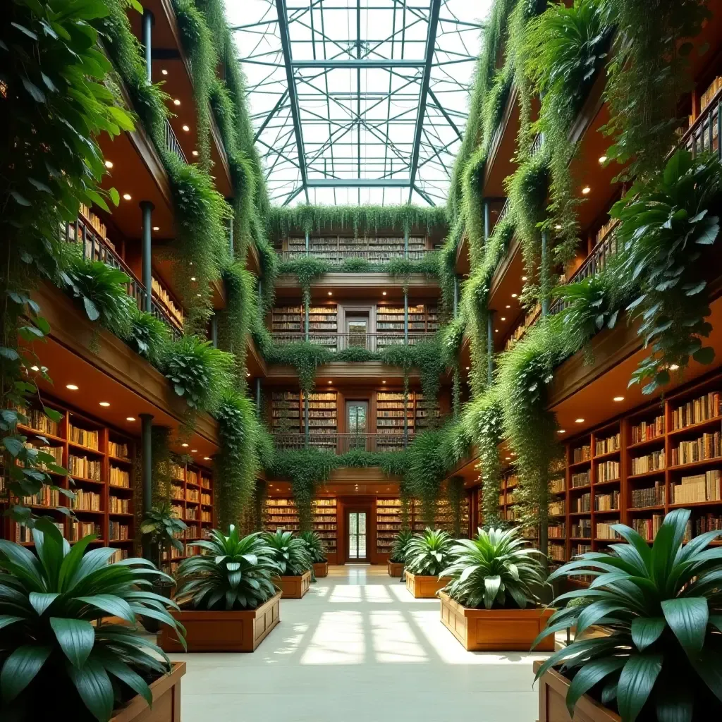 a photo of a library featuring a plant-filled atrium