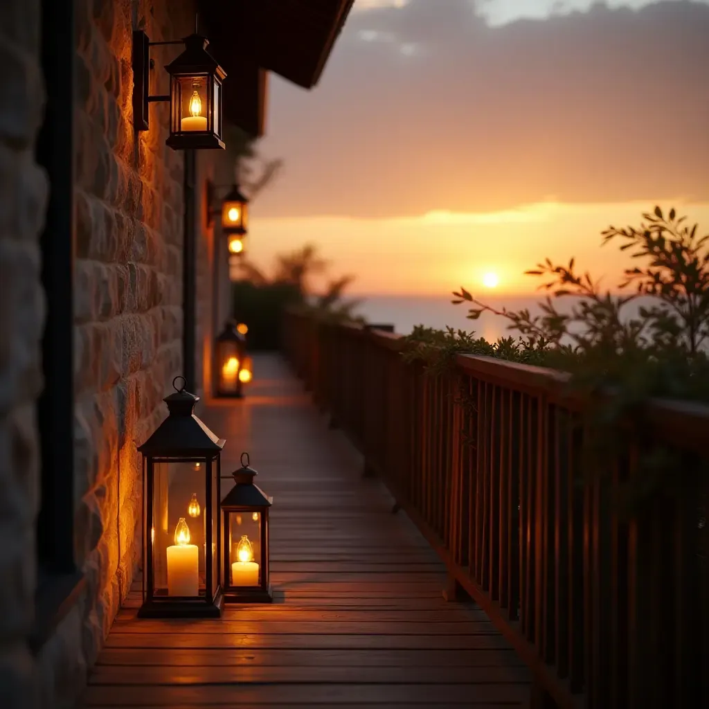 a photo of a cozy balcony adorned with metallic lanterns at sunset