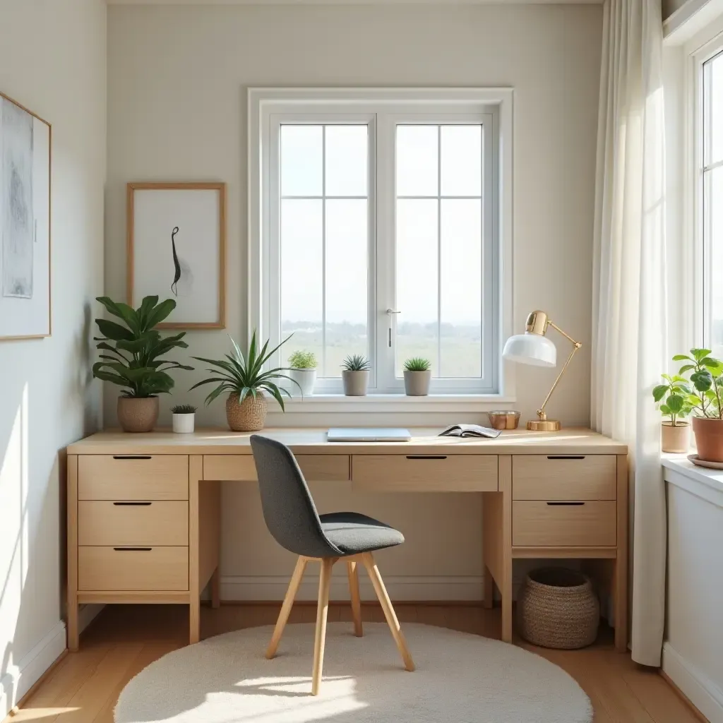 a photo of a serene workspace in a teen bedroom with a clean desk and plants