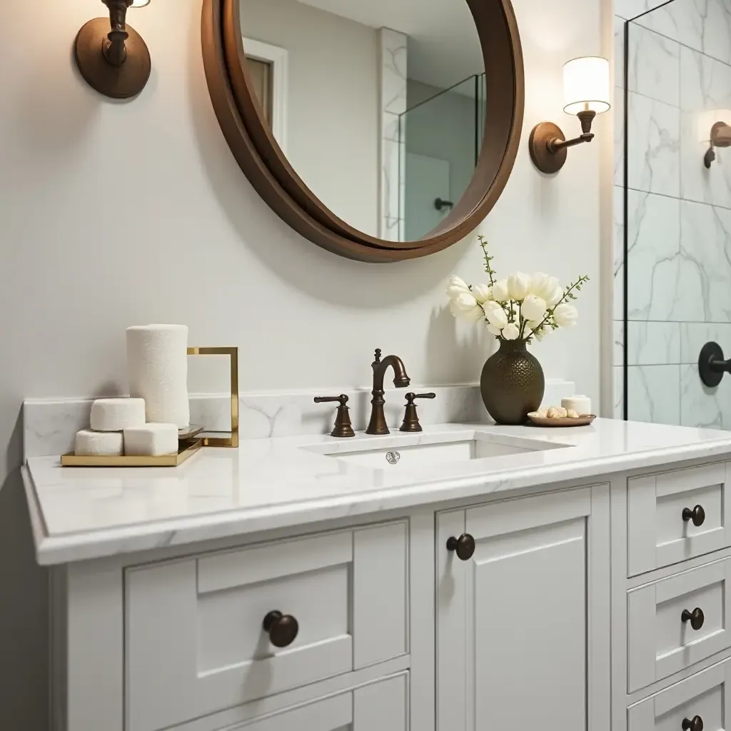 a photo of a bathroom featuring an elegant countertop organizer