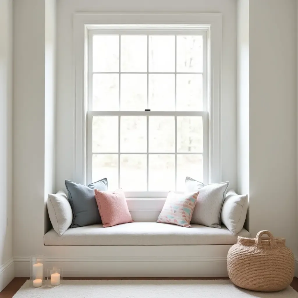 a photo of a nursery featuring a farmhouse-style window seat and decor