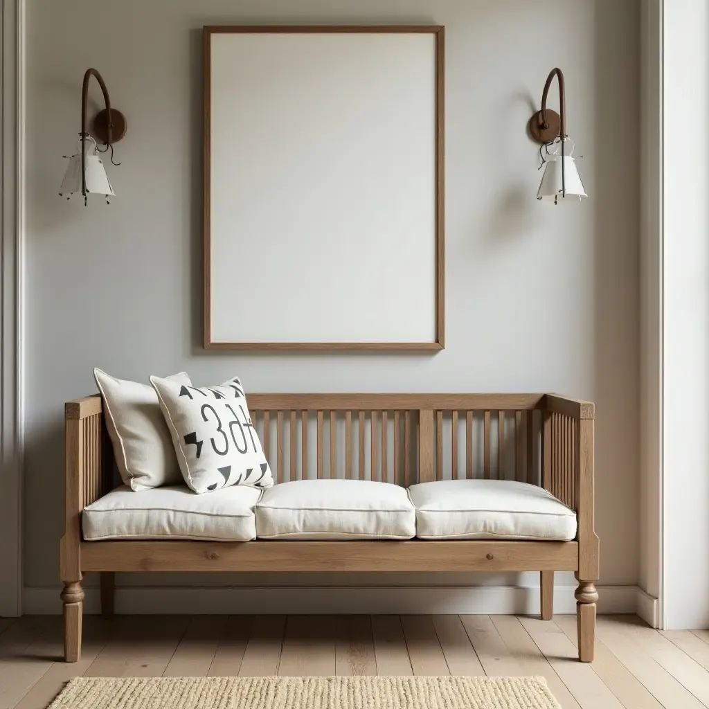 a photo of a vintage wooden bench with cushions in a hallway