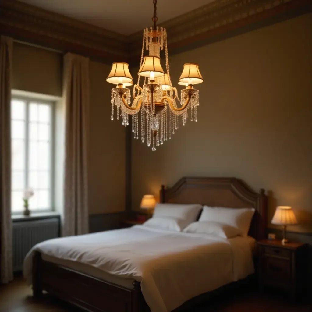 a photo of a vintage chandelier hanging over a bed