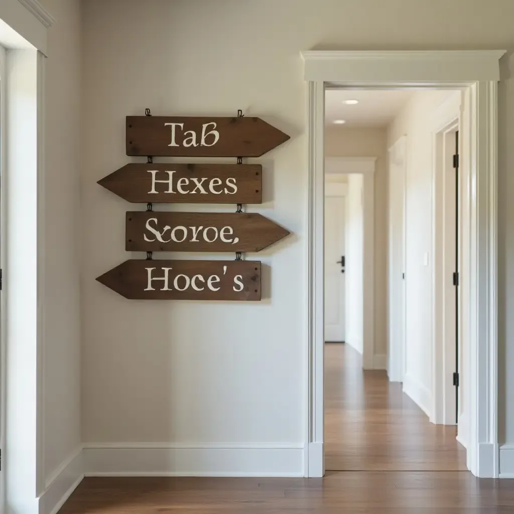 a photo of a rustic sign with directional arrows in a hallway