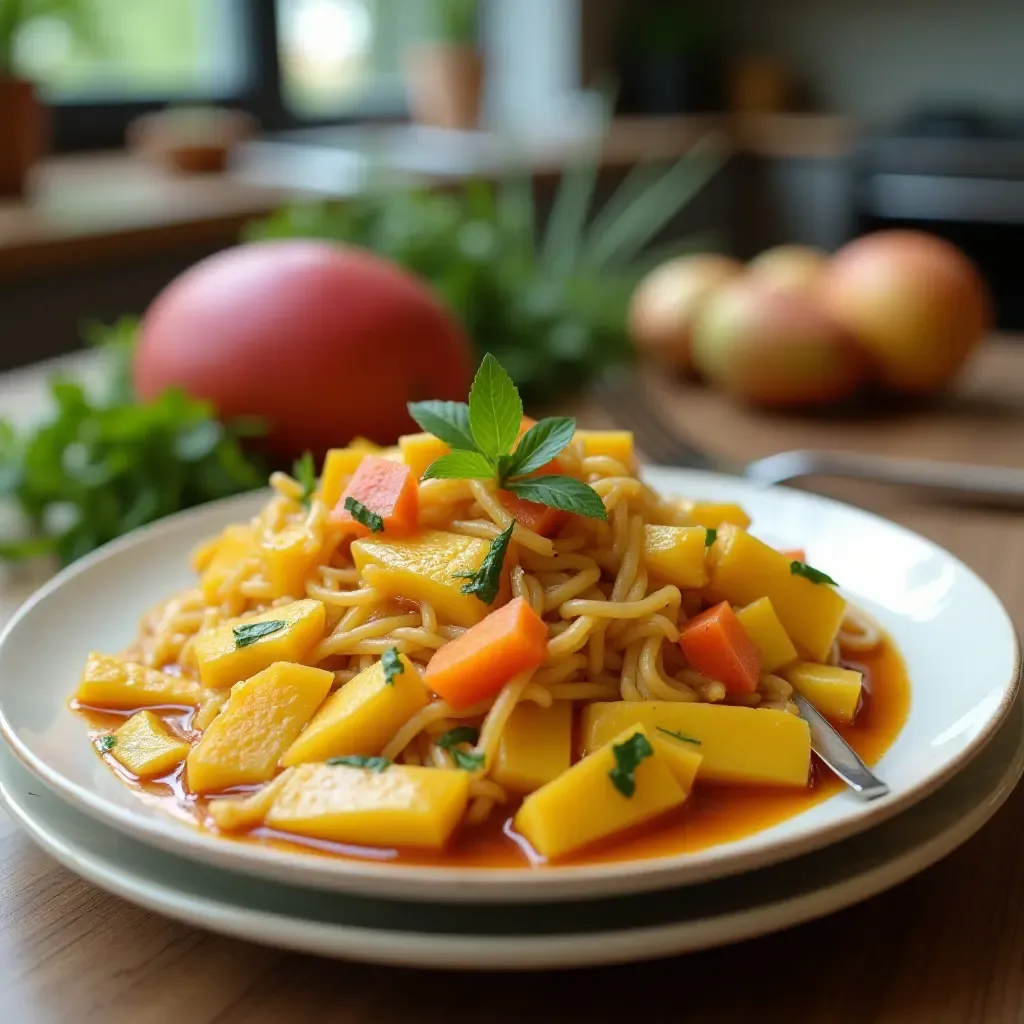 a photo of stir-fry with mango and coconut milk, vibrant colors, tropical theme, modern kitchen setting