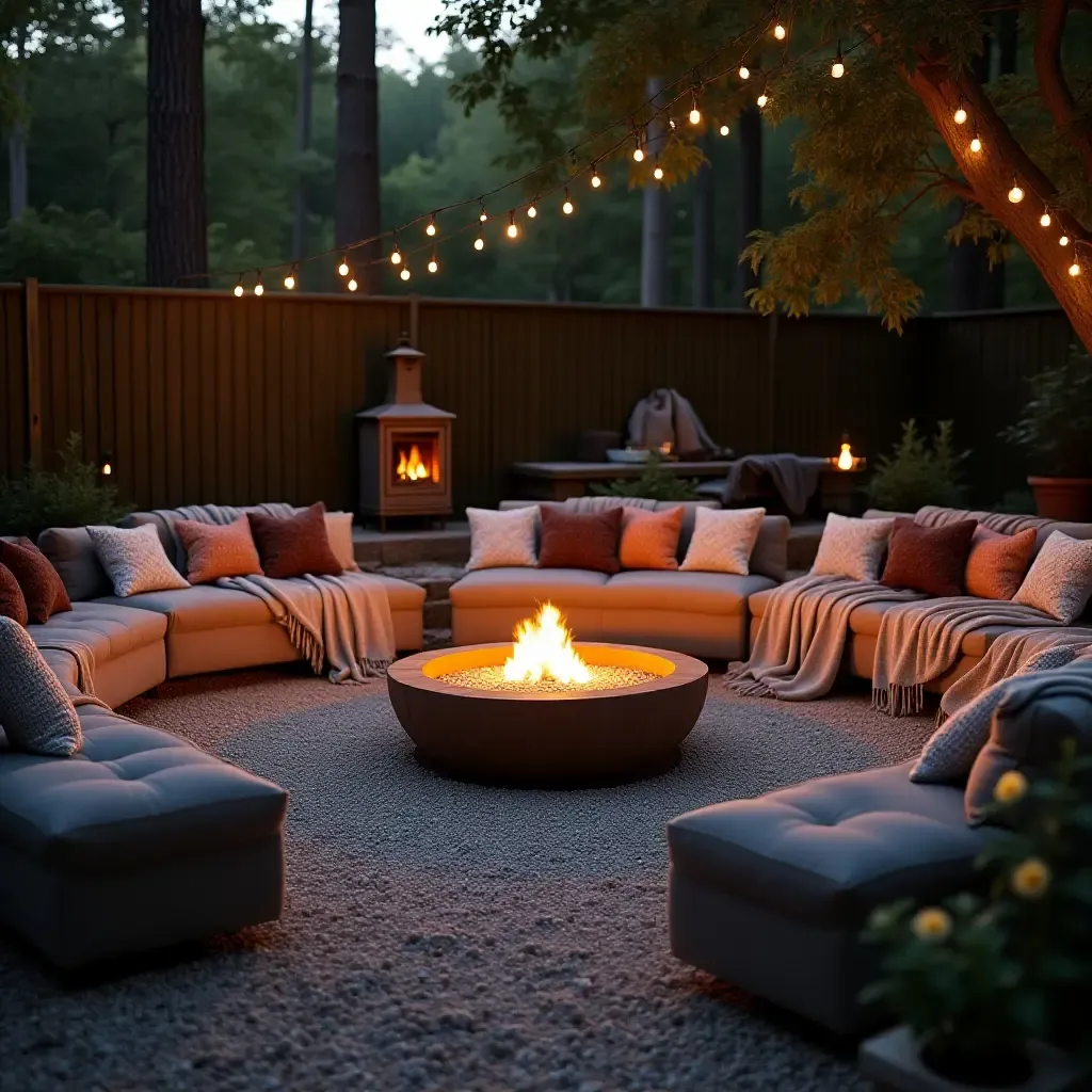 a photo of a sunken fire pit area with surrounding benches and cozy blankets