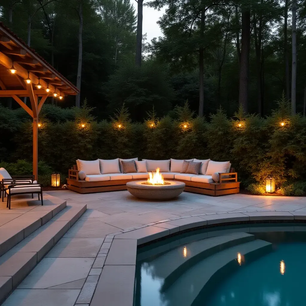 a photo of a cozy DIY fire pit area next to the pool