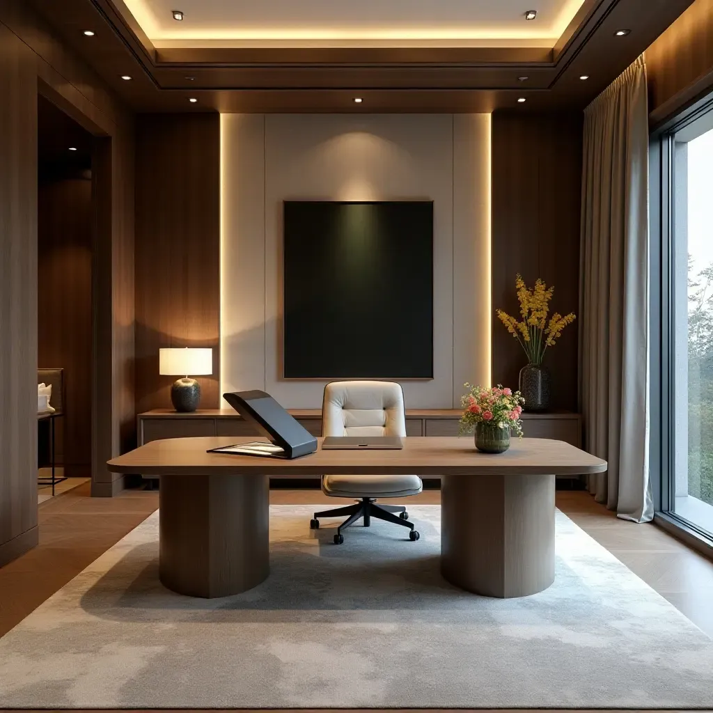 a photo of a luxurious home office with elegant furniture and stylish decor