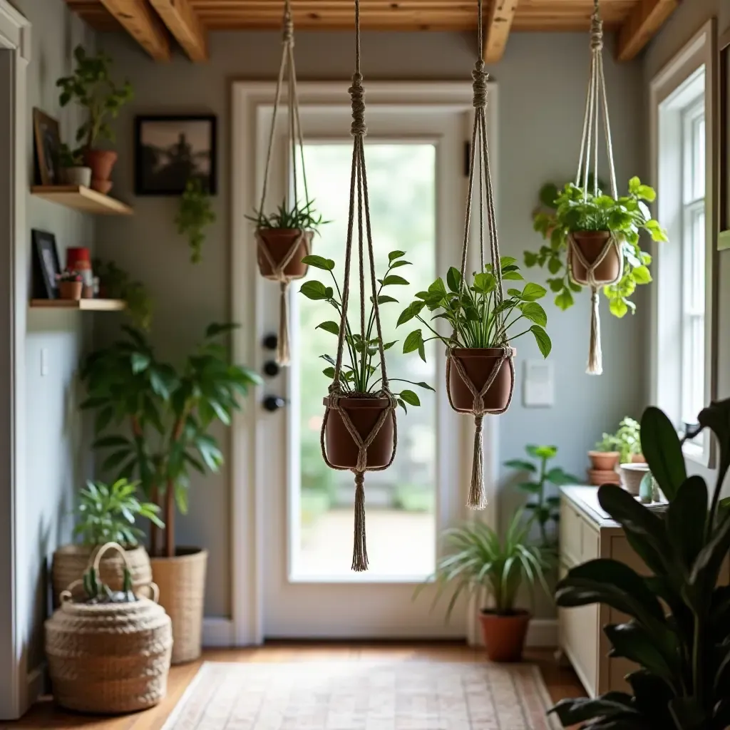 a photo of a cozy basement with hanging plants in macrame holders