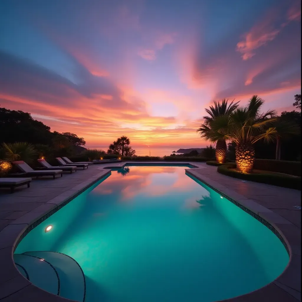 a photo of a stunning sunset view over a beautifully lit pool area