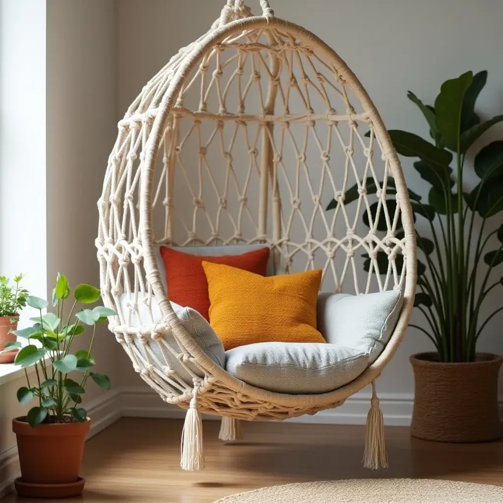 a photo of a cozy macrame hanging chair with colorful cushions