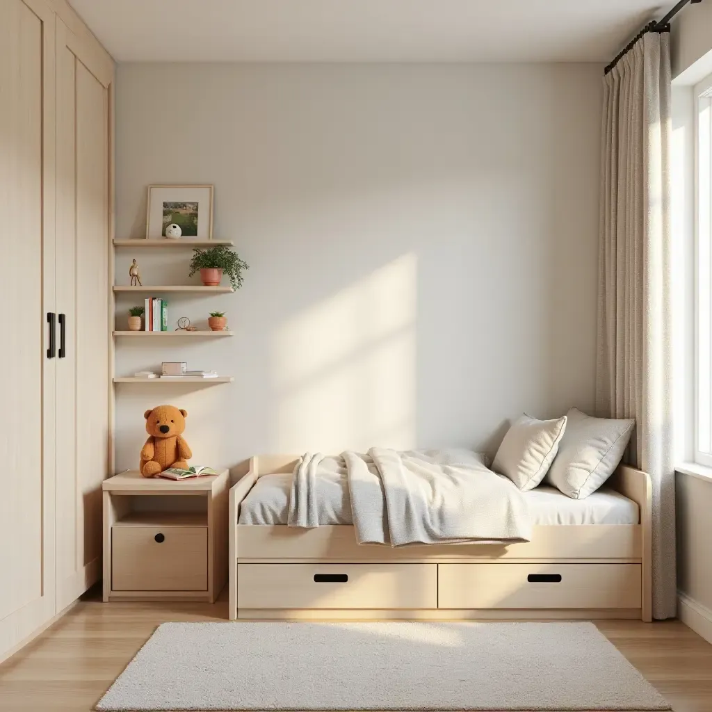 a photo of a bright and simple bedroom for kids with playful accents and storage