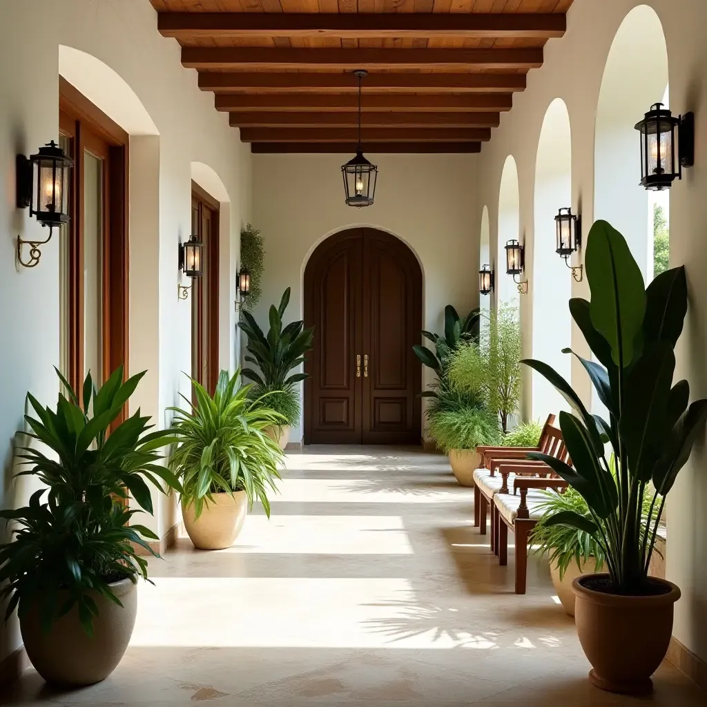 a photo of a corridor showcasing a blend of indoor plants and Mediterranean decor