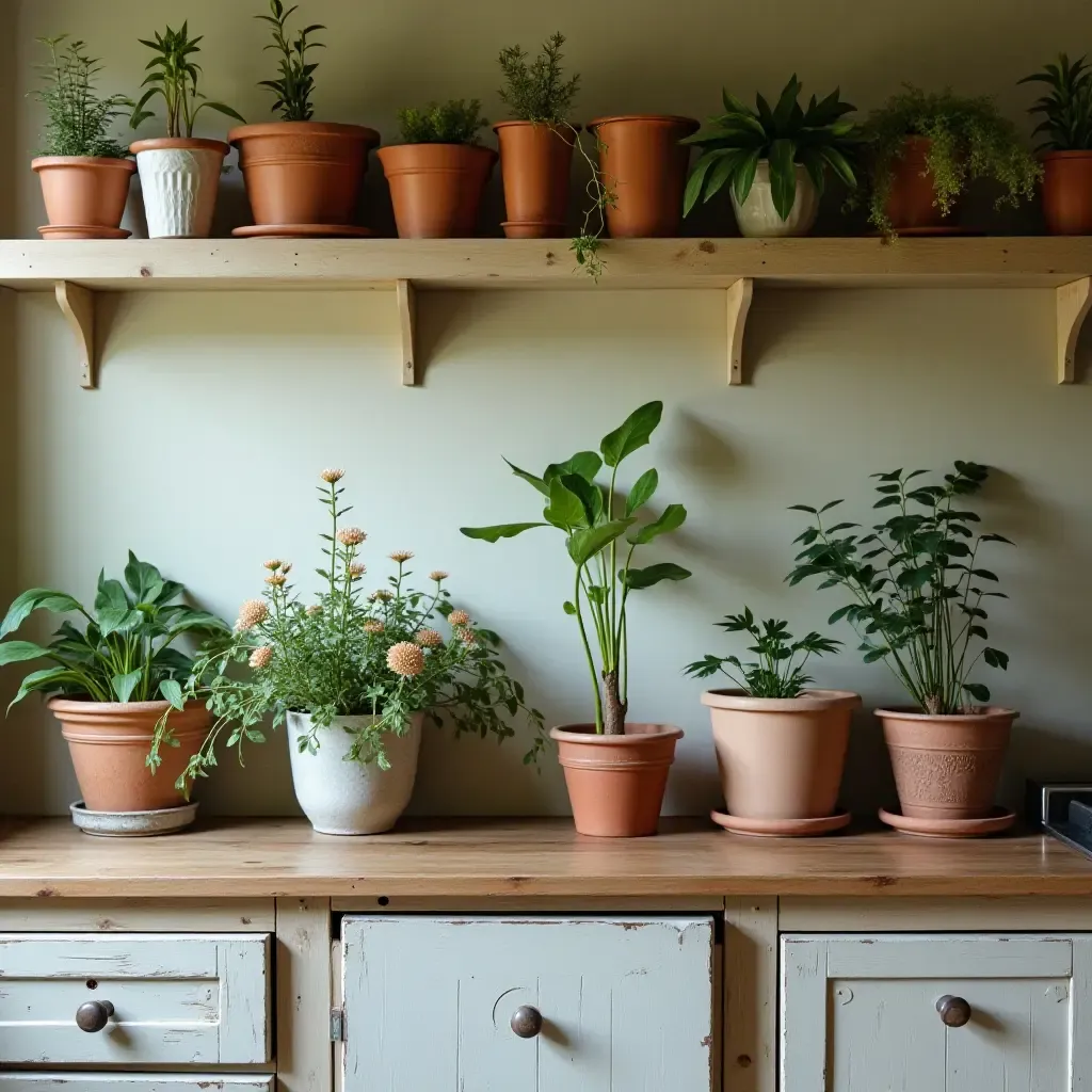 a photo of a vintage kitchen with a collection of ceramic planters