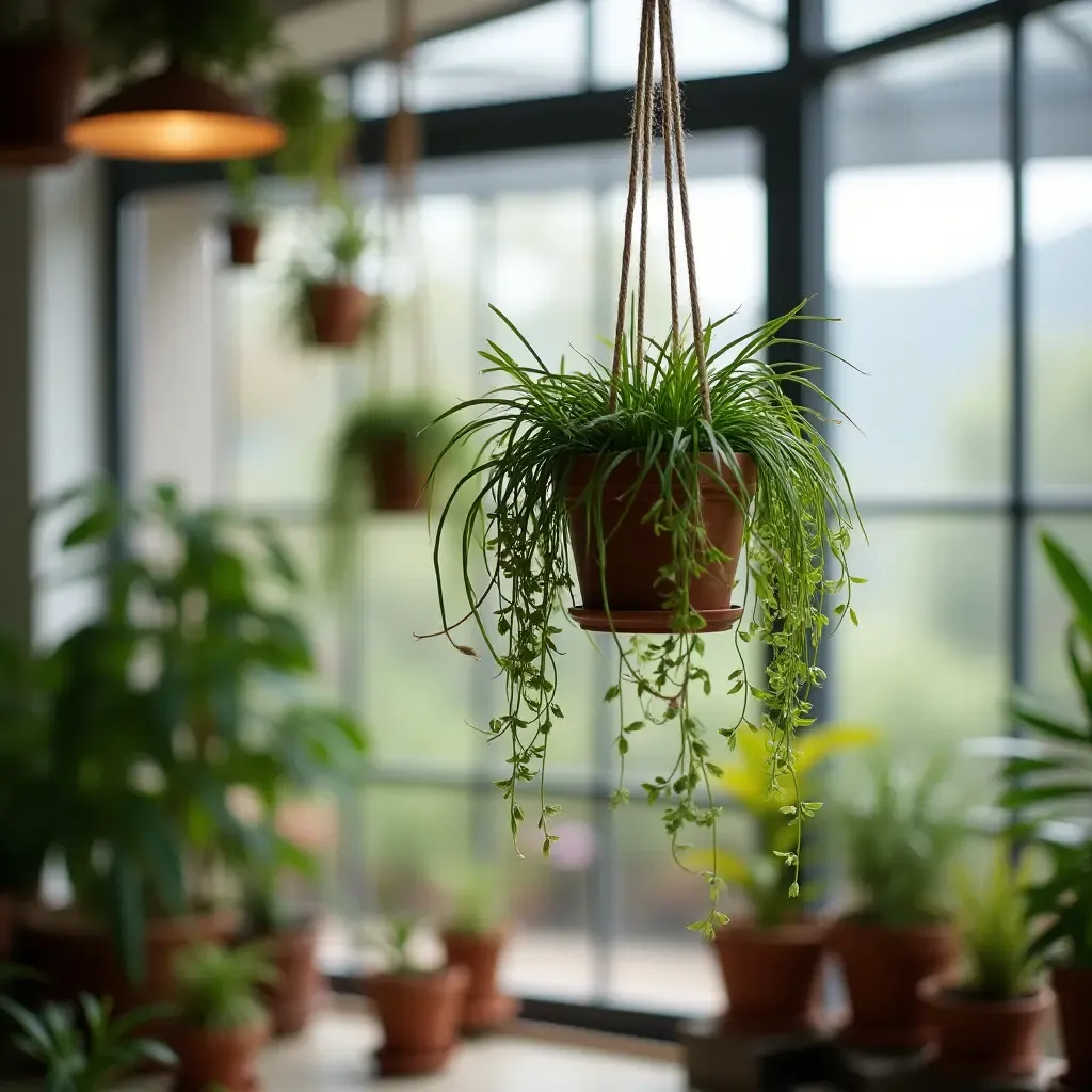 a photo of a nursery with a decorative plant hanging from the ceiling