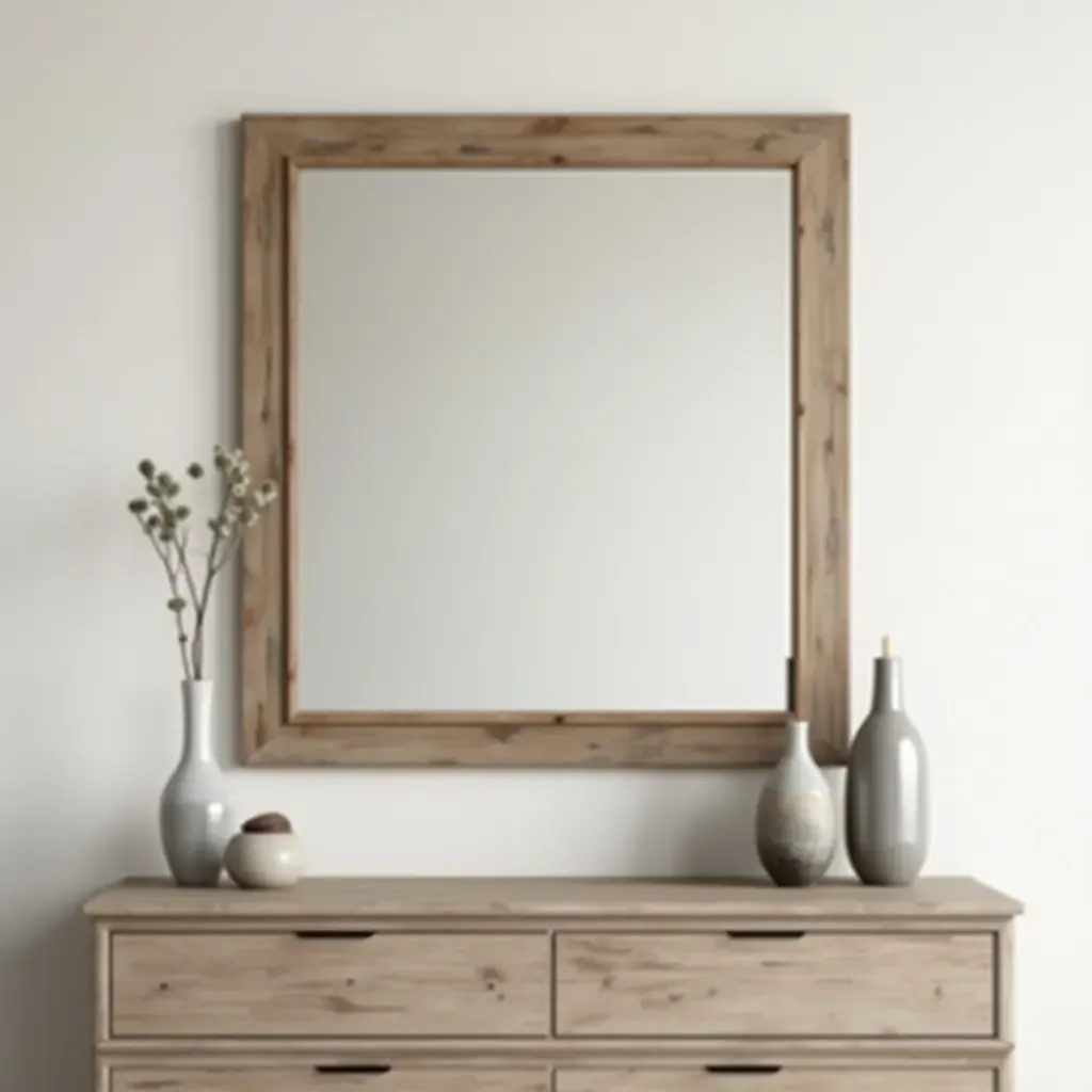 a photo of a wooden-framed mirror above a dresser